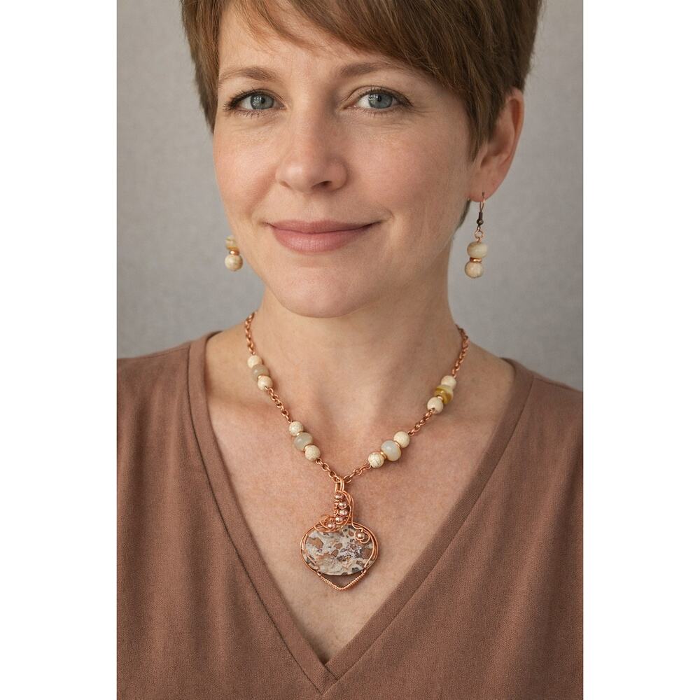 Copper Dolomite 20" Necklace & Earrings Set 1 1/2" Oval cabochon copper wire